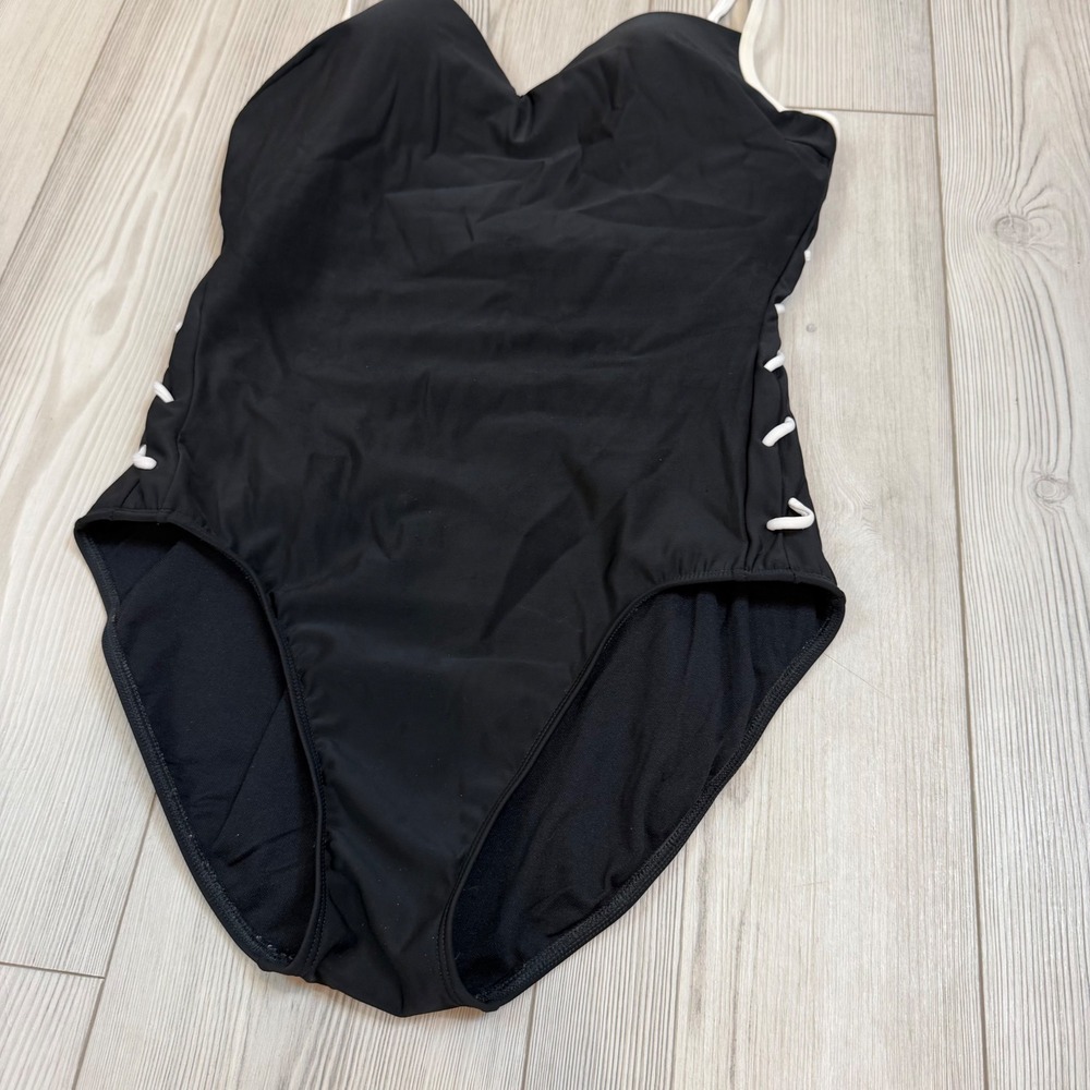 Shape fx 12T Swim Black One Piece Swimsuit White Trim Lace Up Sides Padded - Picture 5 of 14